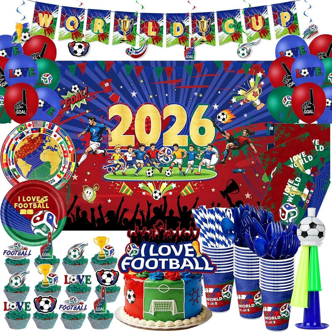 142 Pcs Party Decorations Set, Soccer Theme Party Supplies Includes Background Cloth, Plates, Napkins, Horns, Straws, Hanging Swirls, Balloons, Cake Topper for Sports Birthday Party, Soccer Decor