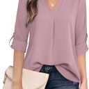 Timeson Women's Casual Chiffon V Neck 3/4 Sleeve Blouse Tops (Small, Dark Pink)