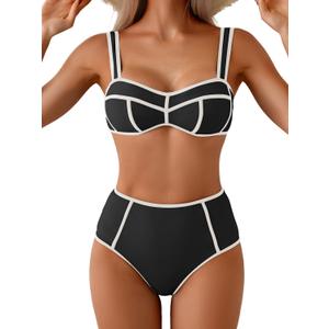 Eomenie Bikini Sets for Women Two Piece Swimsuits High Waisted Color Block Bathing Suits Tie Back Swimwear (Large, Black White)