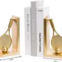 Modern Decorative Gold Bookends for Shelves,Unique Tennis Racket Book Ends | Heavy Books Stopper Decor for Desk Home,Non-Slip Book Holder Shelf Decor, Gifts for Tennis Lovers