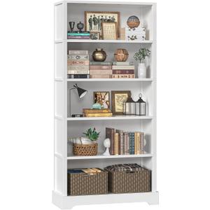 TVU 5-Tier Wooden Book shelf, 65"H  31.5"W  9.9D Bookshelf with Storage, Floor-Standing Display Bookcase, Farmhouse Style Bookshelf with Arched Base, Suitable for Living Room, Study, Office, White