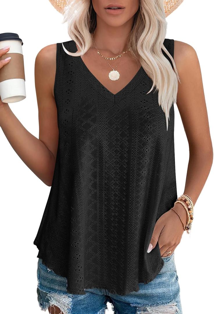 OFEEFAN Womens Tank Tops V Neck Sleeveless Flowy Loose Fit Basic Casual Summer Tops (Large, Black)