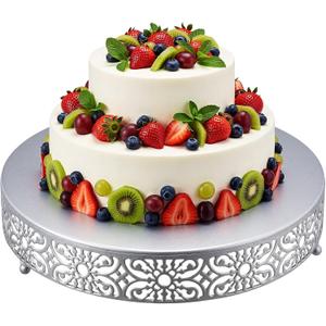 Wenqik 16 Inch Cake Stand Round Metal Cupcake Dessert Wedding Cake Stand Cookies Display Holder Fruit Food Serving Tray for Table Wedding Birthday Anniversary Party Decor (Silver)