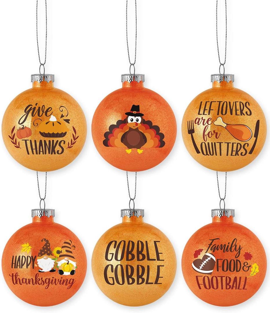 Thanksgiving Ball Ornaments Shatterproof 3inch Plastic Balls Set for Fall Party Supplies Harvest Hanging Decorations Pre-Strung Tree Ornaments Set of 6