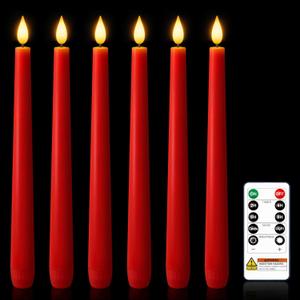 6 Pcs Red Flameless Taper Candles with Remote Timer Dimmer, Plastic Led Taper Candles Realistic, 9.6 Inches Battery Operated Candlesticks Flickering, for Party Holiday Christmas Decor