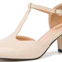 Enelauge Women's T-Strap Mary Jane Pumps Pointed Toe Ankle Strap Buckle Chunky Block Heel D'Orsay Sandals Dress Shoes Nude 39-7.5 US
