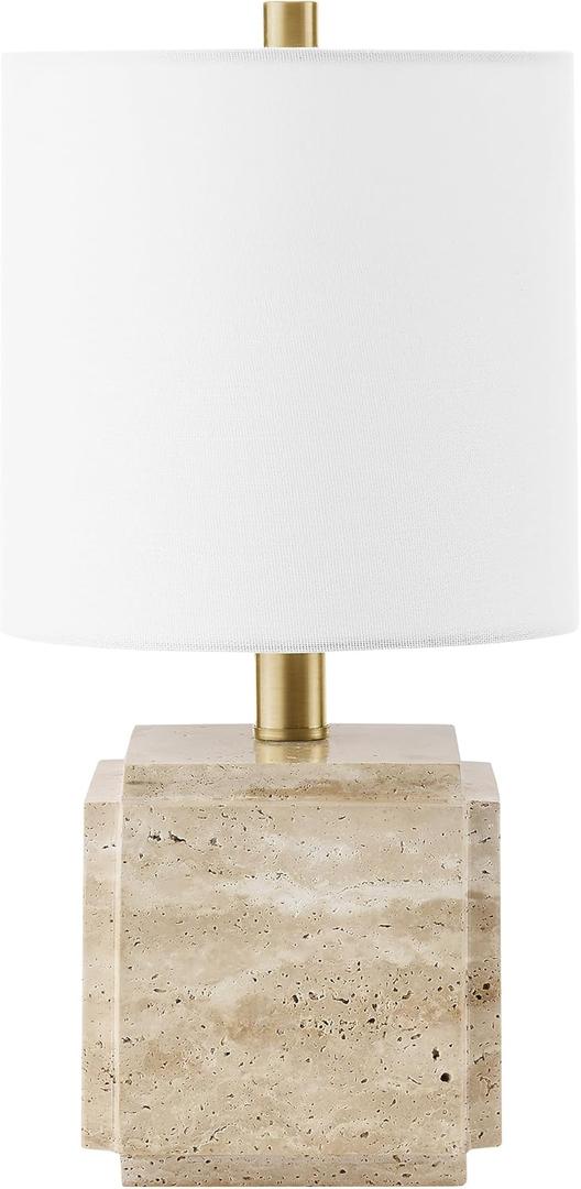 Henn&Hart 15.5'' Eclectic 1-Light Stone Table Lamp with White Fabric Drum Shade for Living Room, Bedroom, or Office, Natural Travertine