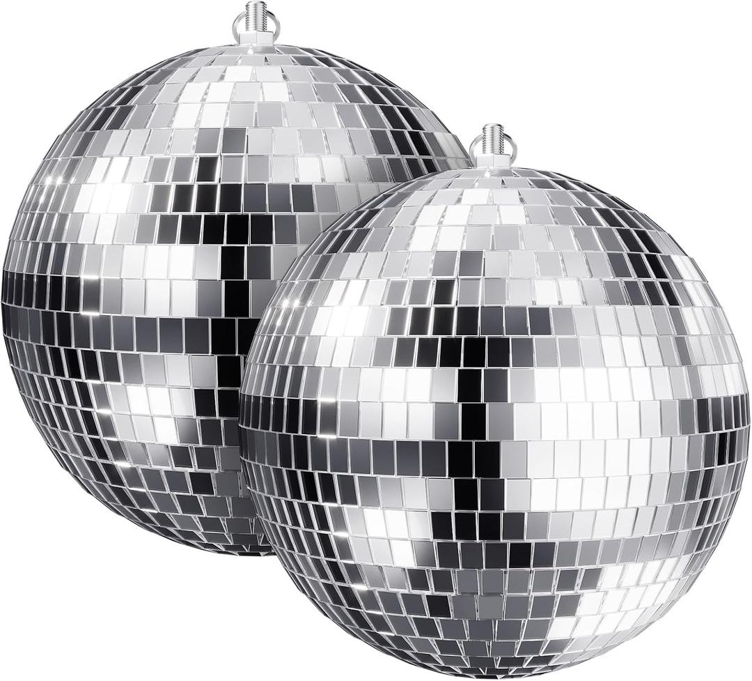 8-Inch Disco Ball 2-Pack Silver Hanging Mirror Ball with String, Reflective Disco Ball Decorations for Weddings, Birthdays, Classrooms, Home, DIY, Indoor & Outdoor Events