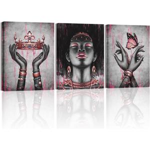 Visual Art Decor Pink and Grey African American Wall Art Pink Room Decor Black Woman Portrait Fashion Painting Framed Canvas Prints Living Room Bedroom Wall Decoration, XLarge 3 Piece Wall Art