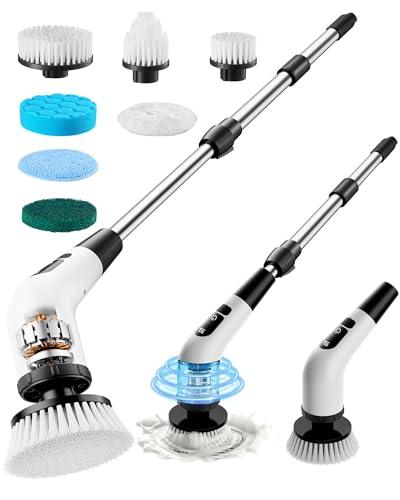 Powerful Electric Spin Scrubber, for Mom, Cordless Cleaning Brush, 90-Min Extended Runtime, Telescopic Long Handle, 8 Replaceable Heads, 2 Speeds for Bathroom, Floor & Glass