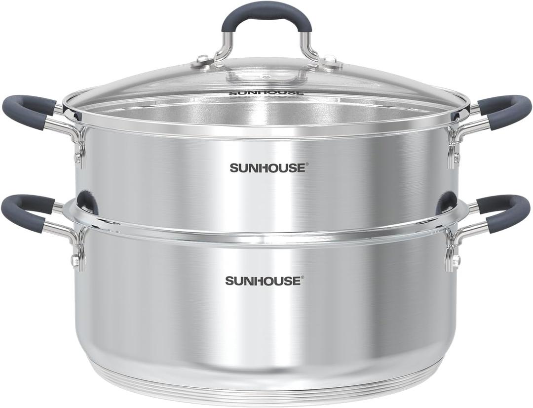 SUNHOUSE - 5.5 Quart Steamer Pots With Lid 2-Tier Multipurpose Stainless Steel Steaming Pot Cookware With Handle For Vegetable, Dumpling, Sauce, Food - Triple Bottom, Measurement Line