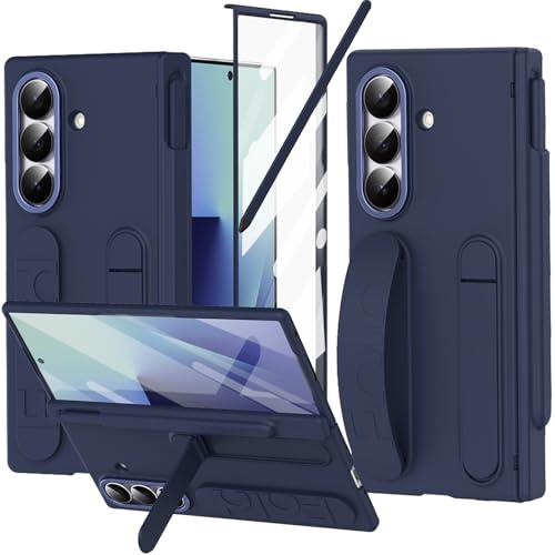 YQODSZ Finger Strap for Samsung Galaxy Z Fold 7 Case with S Pen Holder & Stylus, Z Fold7 Hand Strap Case Kickstand Full Coverage Screen Protector Hinge Protection Wristband Cover for Z Fold 7 Blue