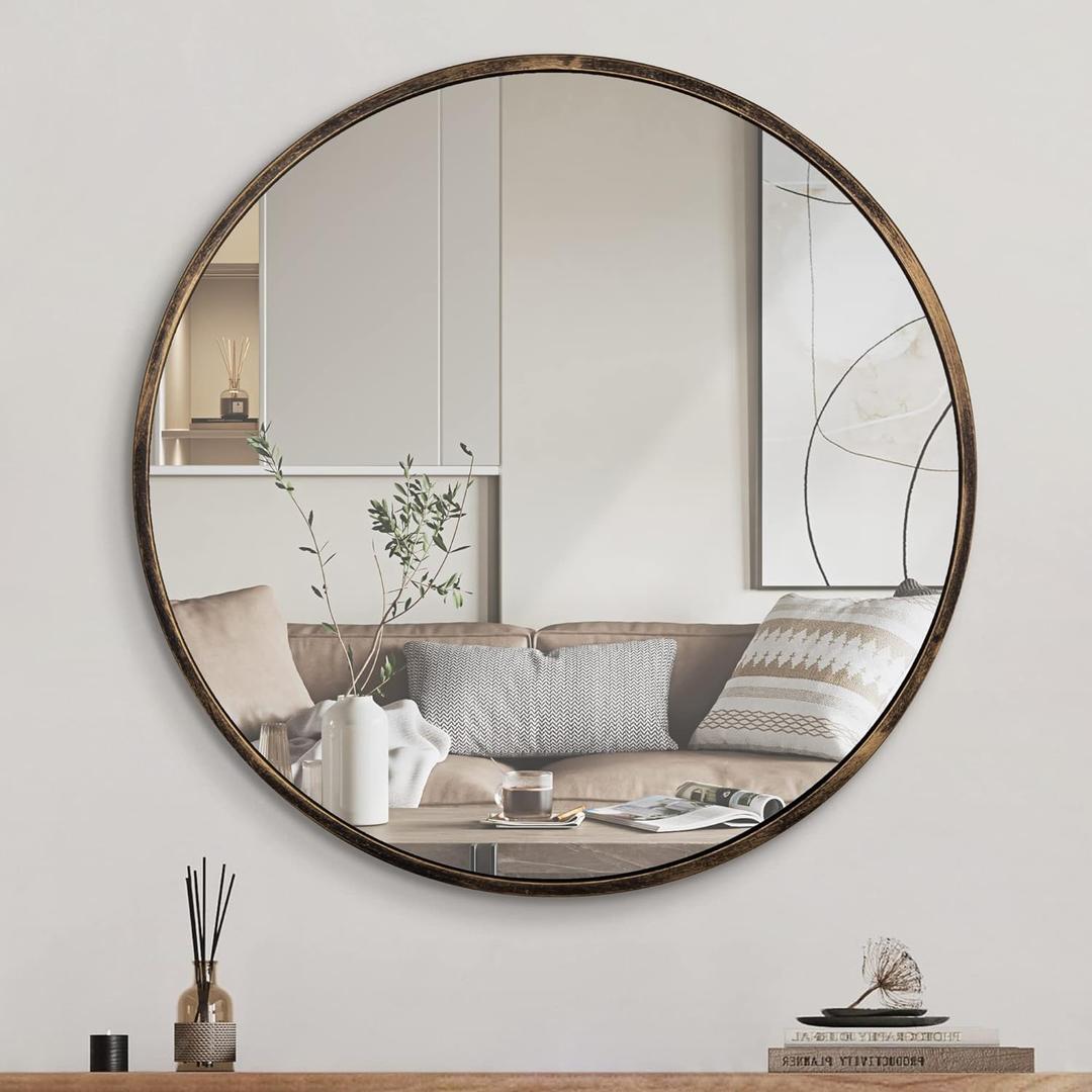 1st owned Round Wall Mirror Bronze 20 Inch -Circular Metal Framed Wall Mounted Mirror, Hanging Round Modern Decorative for Entryway Bathroom, Living Room, Bedroom (20"L x 1"W, Bronze)