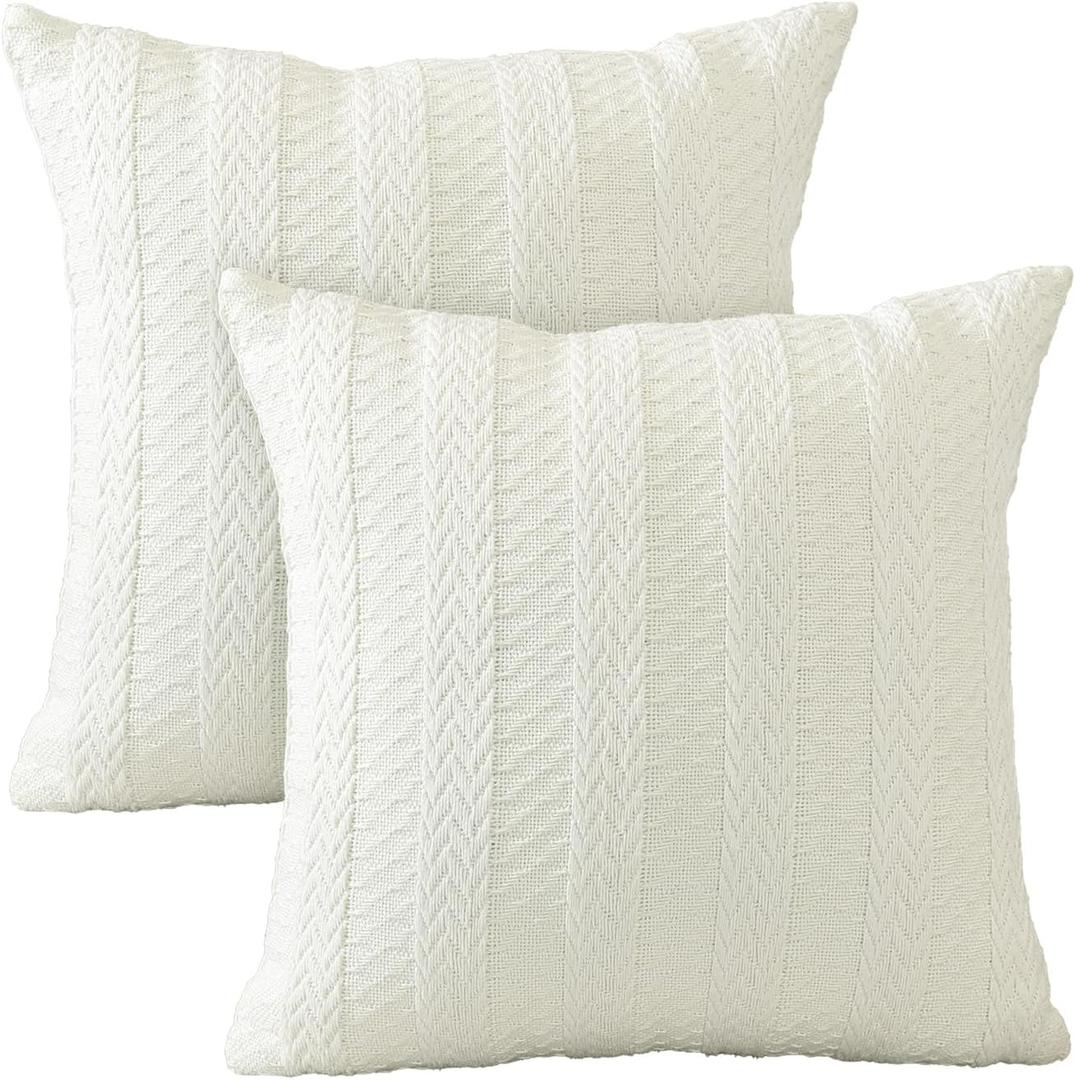 AVOIN colorlife White Woven Textured Throw Pillow Covers, 18 x 18 Inch Soft Jacquard Cushion Case Square Boho Modern Decoration for Bedroom Home Sofa Couch Set of 2
