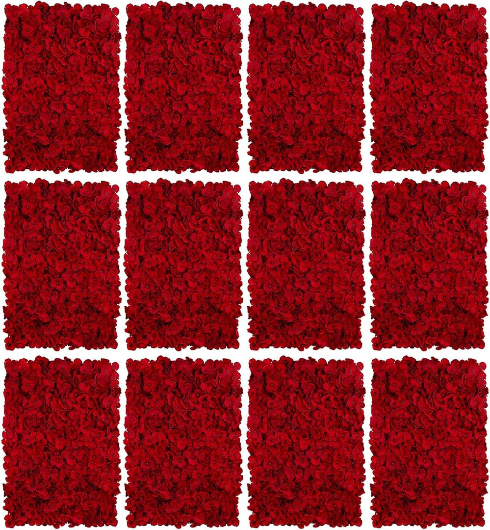 BLOSMON Flower Wall Panel Backdrop - 12 Pcs 24 x 16 Inch Red Artificial Hydrangea Floral Panels for Wedding Party Baby Bridal Shower Decor - 3D Fake Silk Flower Backdrop Decoration