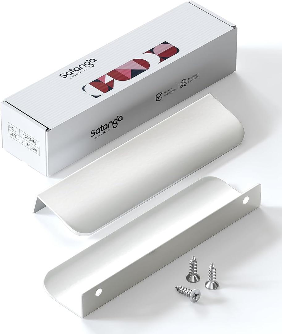 Satanga Edge Finger Pull for cabinets Kitchen Concealed Drawer pulls Aluminum Flat Hidden Back Mount Door Handle for Home 5 Pack Modern White 5 Inch Overall Length Easy Installation (3-3/4" Hole Center 5" Overall Length)