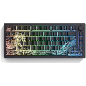 dagaladoo Black keycaps Double Shot PBT keycaps Shine Through Wave of Kanagawa Side Printed Key caps Cherry Profile Custom Key Cap Set for 100%, 75%, 65%, 60% US Layout Mechanical Keyboard