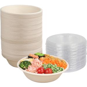 32 oz Round Disposable bowls with lids,Sugarcane Paper Bowls take away food containers Plant Fibers Freezer Safe 50 Pack