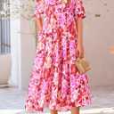 PRETTYGARDEN Women's Summer Beach Maxi Dress Short Sleeve Buttons Tiered Ruffle A Line Swing Dresses (Pink, S)