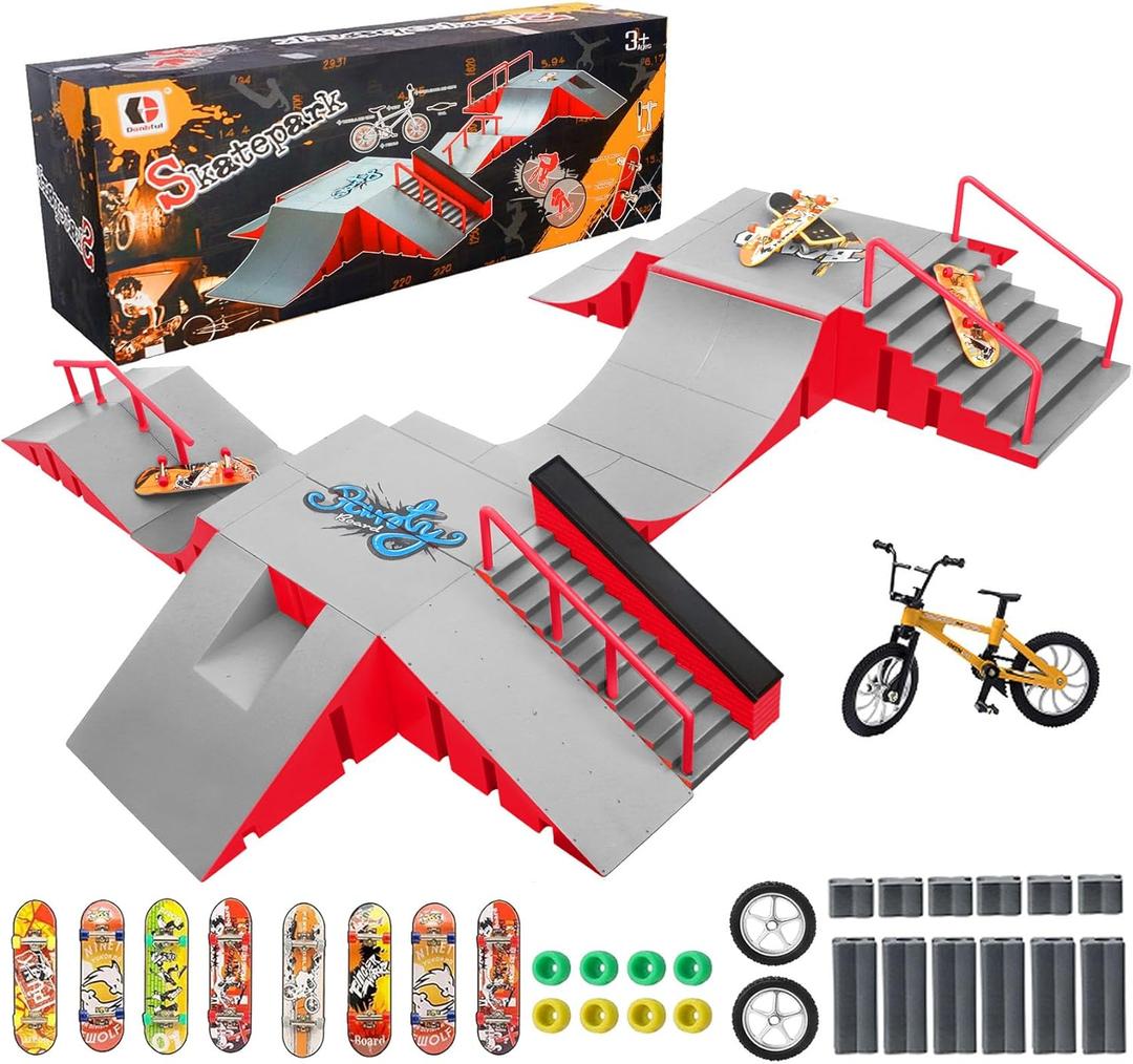 Finger Skateboard Park Kits,14-in-1 Bigger Finger Skateboard Ramp Set with 14 Ramps, 8 Fingerboards, 1 Finger Bike, Skate Park Kit, Fingerboard Skatepark Half Pipe Toys Gifts for Ages 3+