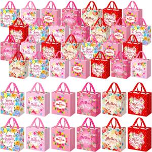Wesnoy 48 Pcs Mother's Day Tote Gift Bags with Handles Bulk Floral Non Woven Love Mom Candy Bags Reusable for Gift Wrapping Happy Mother's Day Goody Shopping Party Favor, 11.4 x 10.6 x 4.7 Inch