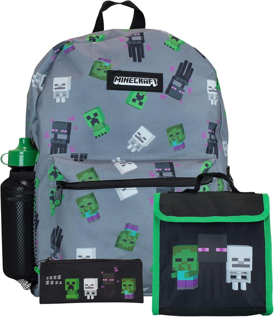 Minecraft Backpack and Lunch Bag Set for Boys | Creeper Pencil Case and Kids Water Bottle | 4 Piece Backpacks Sets for School