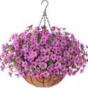 HyeFlora Artificial Fake Hanging Plants Flowers Basket for Outdoor Outside Porch Spring Decoration, Faux Silk Purple Daisy Realistic UV Resistant in Planter for Home Patio Balcony Garden Yard