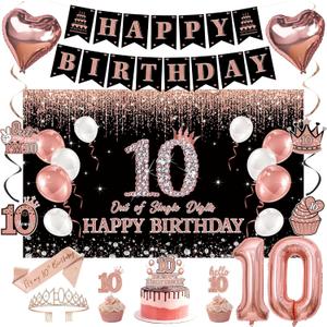 Holkcog 10th Birthday Decorations for Girls, Black Pink Out Single Digits I'M 10 Party Banner Background, Rose Gold 10 Cake Top, Number 10 Balloon Crown Sash for Girls Double Digits Party Supplies