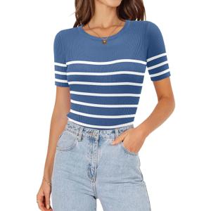 ONLYSHE Womens Short Sleeve T Shirts Summer Crewneck Tops Ribbed Knit Slim Fit Shirt Casual Basic Tees Tops (Small, D-medium Blue)