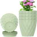 4 inch Small Plastic Nursery Pots, 5 Pack Water Ripples Plant Pots for Indoor Plants, Flower Pots with Drainage Holes and Saucers, Seeding Starter Planters for Decorative, Green