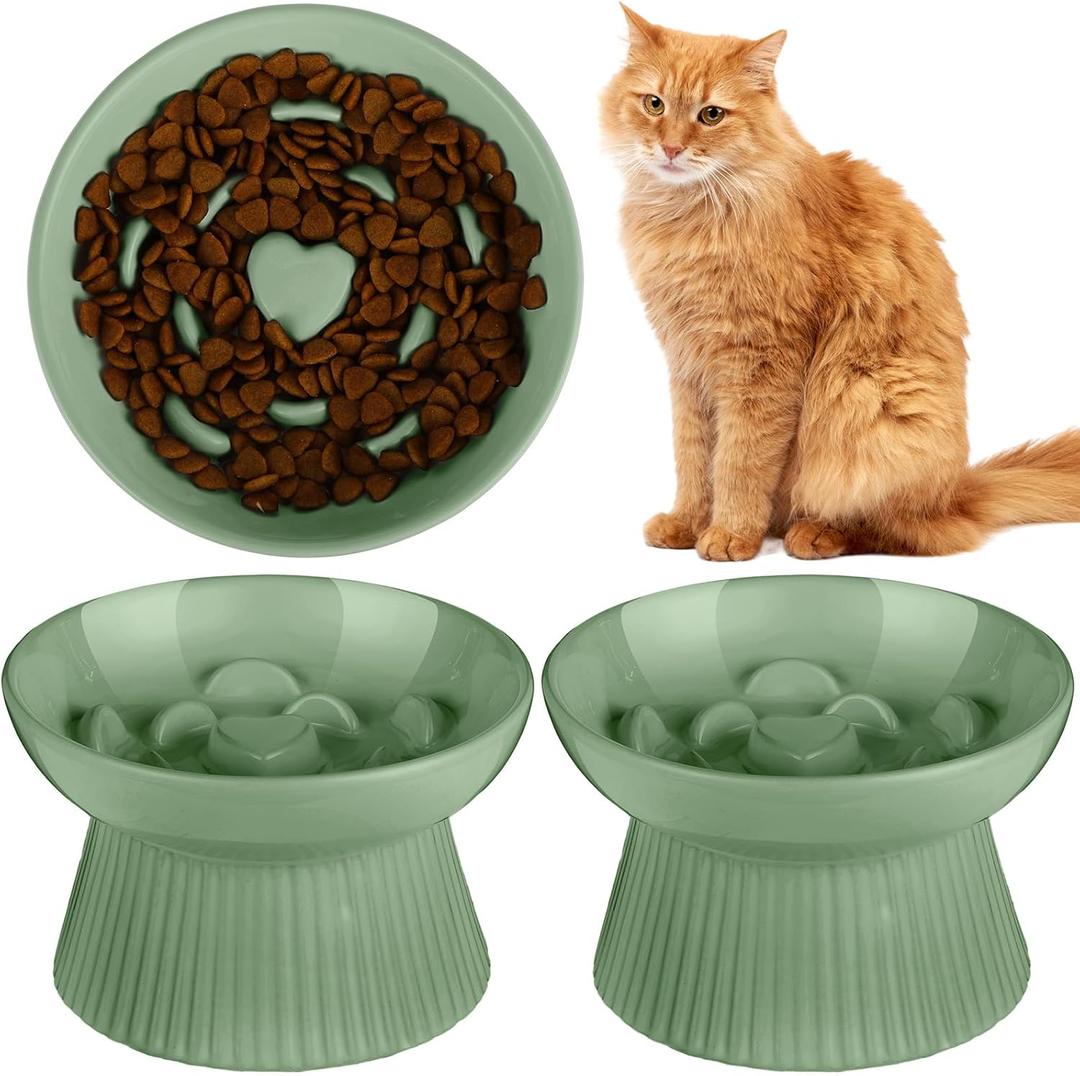 Tioncy 2 Pcs Ceramic Slow Feeder Raised Cat Bowl Cat Food Elevated Dry Wet Food and Water Easy to Clean Pet Bowls High Edge for Small Dogs, Dishwasher Safe(Sage Green) (Sage Green)