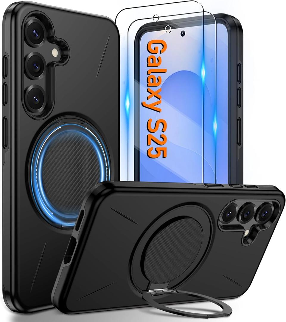 Gritup for Samsung Galaxy S25 Case [Compatible with MagSafe Accessories]:2 Pcs HD Screen Protectors,Built-in Kickstand,Dual Layer Shockproof,Camera Guard,Velvet Touch,S25-Black