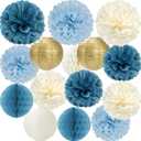 Dusty Blue Champagne Gold Beige Paper Flowers Tissue Pom Poms Honeycomb Lanterns 15pcs Party Decorations Boy Birthday Wedding Baby Bridal Shower Hanging Supplies Mprocherify