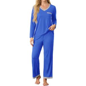SHIJIALI Women's Pajama Sets 2 Piece Ladies Long Sleeve Lounge Outfits Long Pant Pjs With Pockets Royal Blue, Size: Large