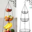 FANGSUN 3-Tier Hanging Fruit Basket for Kitchen Counter with Banana Hook, 36-Inch Heavy-Duty Wire Fruit Baskets with Leaf-Shaped Bracket for Kitchen Organizing Potato & Vegetable