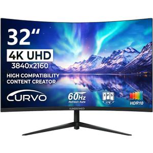 XUNDEFINED 32 Inch 4K 60Hz Curved Monitor, UHD(3840 x 2160) VA Computer Monitor, 3000:1 Contrast, sRGB 120%, Blue Light Filter, Free-Sync with HDMI, DisplayPort for Home and Office