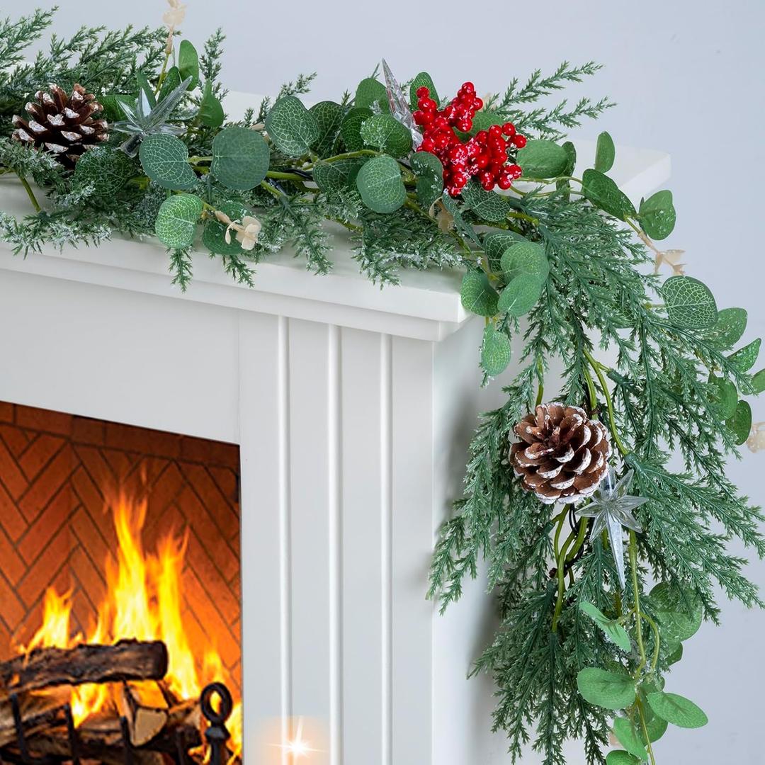 6.5FT Christmas Garland with Star Lights, Prelit Christmas Decorations, Lighted Garland with Battery Operated, Denser Realistic Eucalyptus Greenery Home Decor for Mantle Fireplace Table Indoor Outdoor