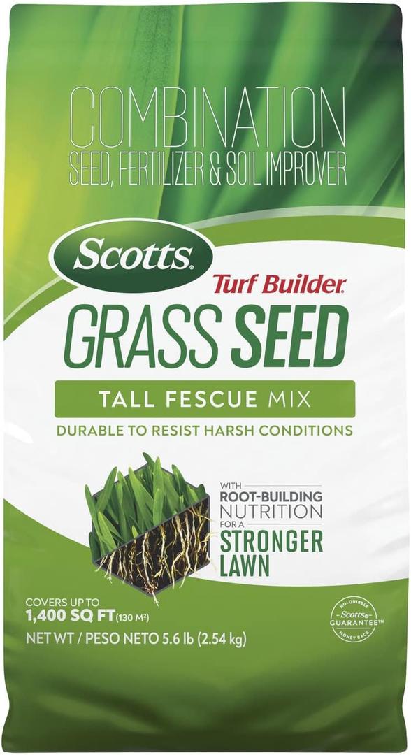 Scotts Turf Builder Grass Seed Tall Fescue Mix with Fertilizer and Soil Improver, Resists Harsh Conditions, 5.6 lbs.