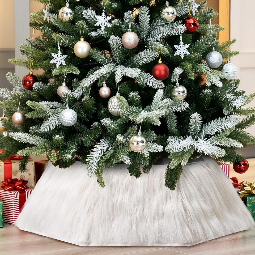 42 Inch Christmas Tree Collar, Faux Fur Christmas Tree Collar, Hexagon Foldable Furry Xmas Trees Skirt, Decorative Plush Xmas Trees Base Cover for Holiday Decoration(Cream White)