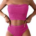 OYOANGLE Women's 2 Piece Strapless Swimsuit High Waisted Smocked Bandeau Bathing Suit (Hot Pink), Small