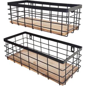 Metal Wire Basket Detachable Wood Base Storage Organizer Farmhouse Small Bins for Kitchen Cabinets, Bathroom, Pantry, Laundry Room, Closets Set of 2,Black Color
