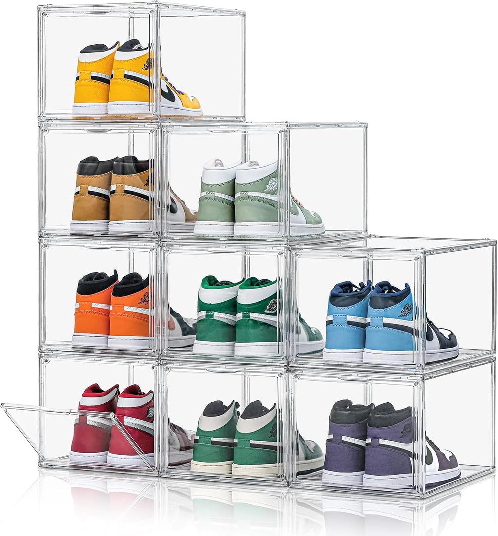 9 Pack X-Large Acrylic Clear Shoe Boxes,Professional Boot and Hat Display Case Organizer,Purse Organizer for Closet,360 Clear Plastic Stackable Sneaker Storage for Sneakerhead,Fits US Size 14.5