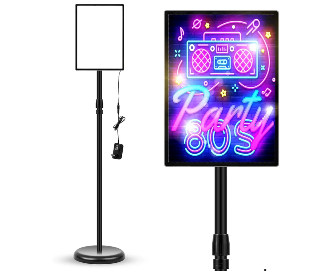 Thyle 8.5 x 11 Inch LED Standing Sign Holder Adjustable Pedestal Floor Light Poster Stand with Snap-open Frame Outdoor Indoor Metal Base Display Signage Stand for Business Mall, Cinema, Restaurants