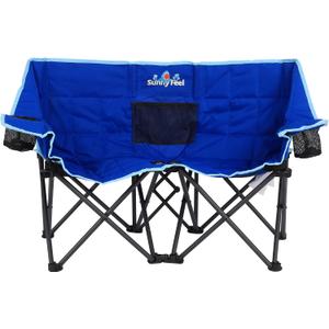 SUNNYFEEL Kids Folding Double Camping Chair, Portable Kids Camping Chairs 2 Seat Chair, Blue Padded Foldable Lawn Chairs with Cup Holder for Beach/Outdoor/Travel/Picnic, Foldable Camp Chairs 2 Person, Large