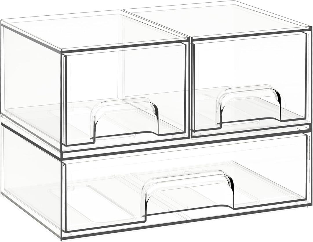 Criusia Stackable Storage Drawers, 3 Pack Clear Acrylic Makeup & Bathroom Organizer, Versatile Storage Bins for Vanity, Under Sink, Kitchen Cabinets & Pantry