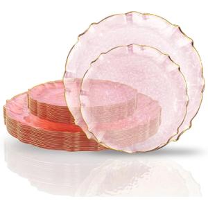 Bucla 40PCS Clear Pink and Gold Plastic Plates - Fancy Pink Hammered with Gold Lace-Edge Disposable Plates - Include 20 Each (10inch Dinner & 7inch Dessert) Plates for Party, Birthday & Wedding