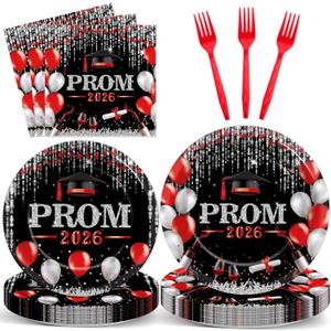 ZOIIWA 96Pcs Prom Night 2026 Grad Party Tableware Supplies Graduation Plates Napkins Class of 2026 Party Decorations Congratulations Graduate Plate Forks Napkins for High School College Red and Black