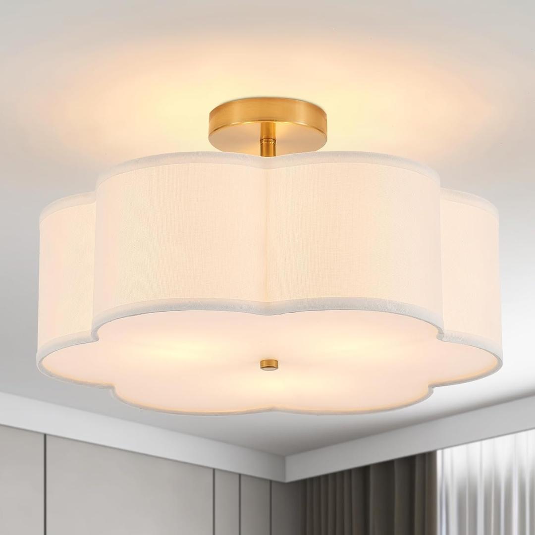 Modern Semi Flush Mount Ceiling Light Modern Gold 3-Lights Drum Ceiling Lighting Fixture Vintage Linen Golden Ceiling Lamp for Laundry Room, Kitchen, Basement, Dining Room, Bedroom
