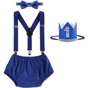 IBTOM CASTLE Baby Boy 1st Birthday Cake Smash Outfit Jungle Wild ONE Shorts+Suspenders+Bowtie+Crown 4pcs Set for Photo Shoot (Blue)