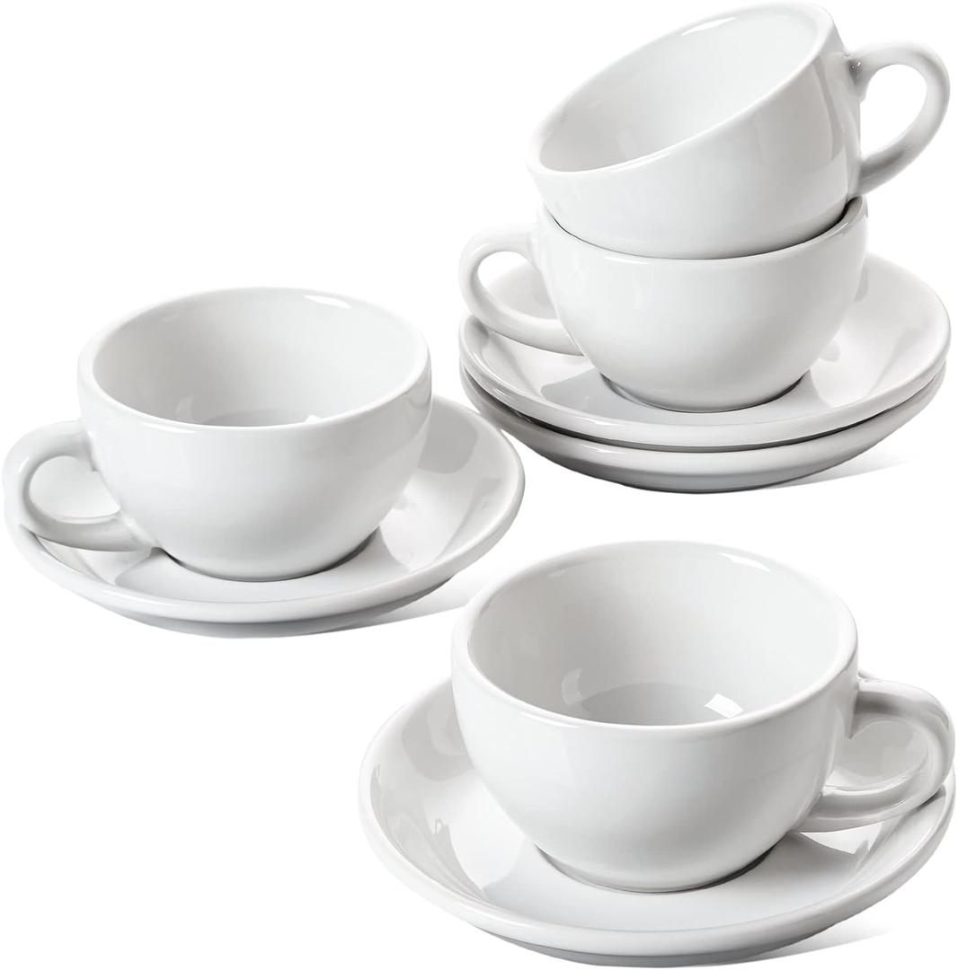 LE TAUCI 8 oz Cappuccino Cups with Saucers, Heavyweight Ceramic Large Coffee Cup for Au Lait, Double shot, Latte, Cafe Mocha, Tea - Dishwasher Safe, Set of 4, White